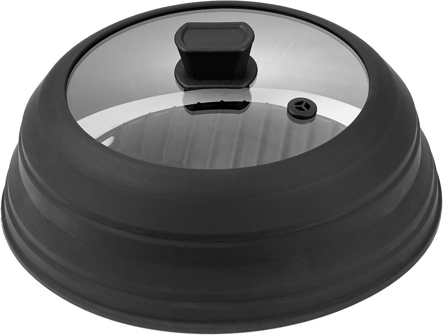 Microwave Splatter Cover & Mat, 10.8" Collapsible Microwave Lid for Food, 500°F Heat-Resistant Silicone & Tempered Glass Splatter Guard for Plate Dish, Multi-Purpose Kitchen Gadget with Handle