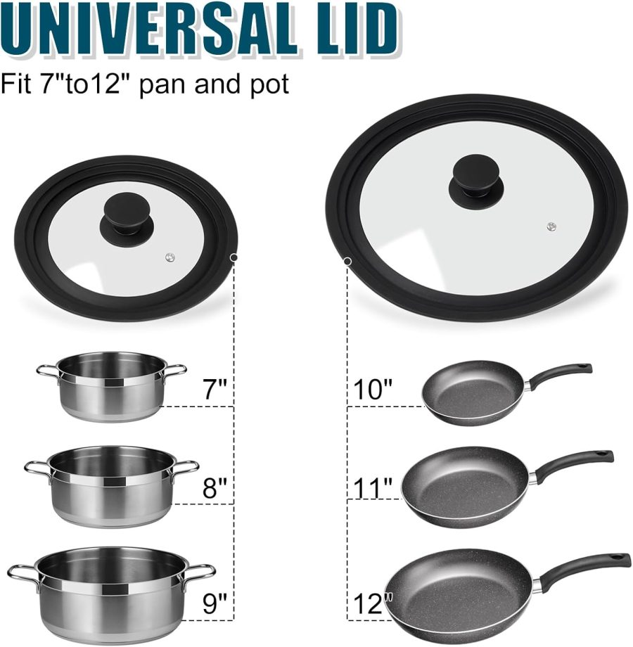 Universal Lid for Pots Pans and Skillets, 2 Pack Pan Cover fit 7", 8" 9" & 10", 11", 12" Diameter Cookware, Silicone Replacement Pan Lid Pot Lids for Frying Pans, Cast Iron,Tempered Glass Lid - Image 2
