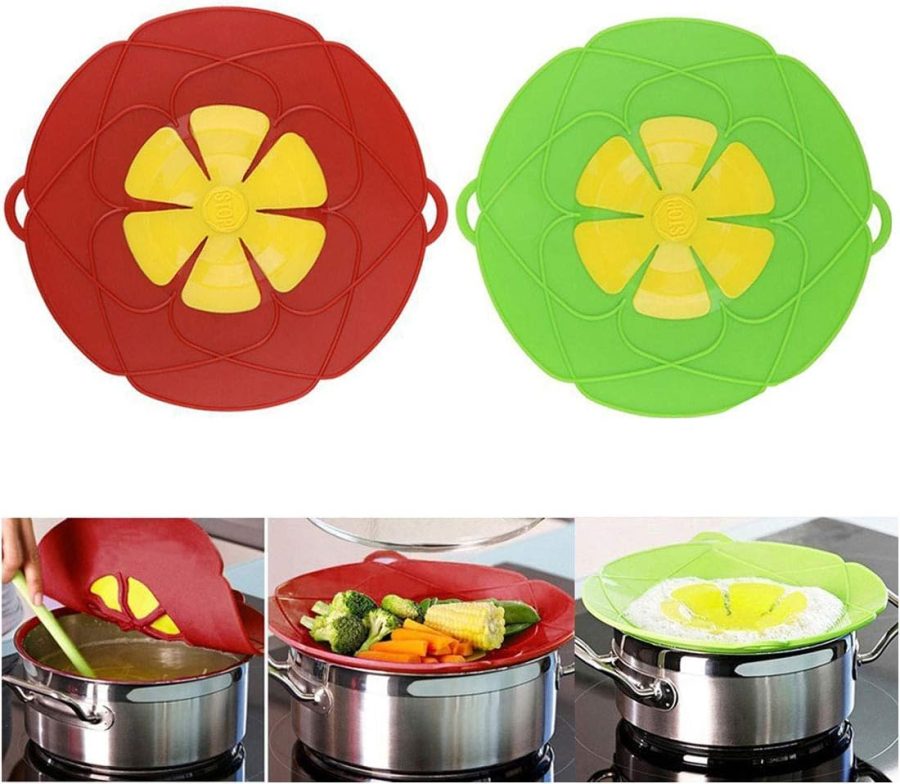 2Pcs Spill Stopper Lid Cover, Boil Over Safeguard, 10.2 inch Silicone Spill Stopper Pot Pan Lid, Multi-Function Cooking Tool, Kitchen Gadgets, for Cooking Cover, Parents, Friends, Green& Red