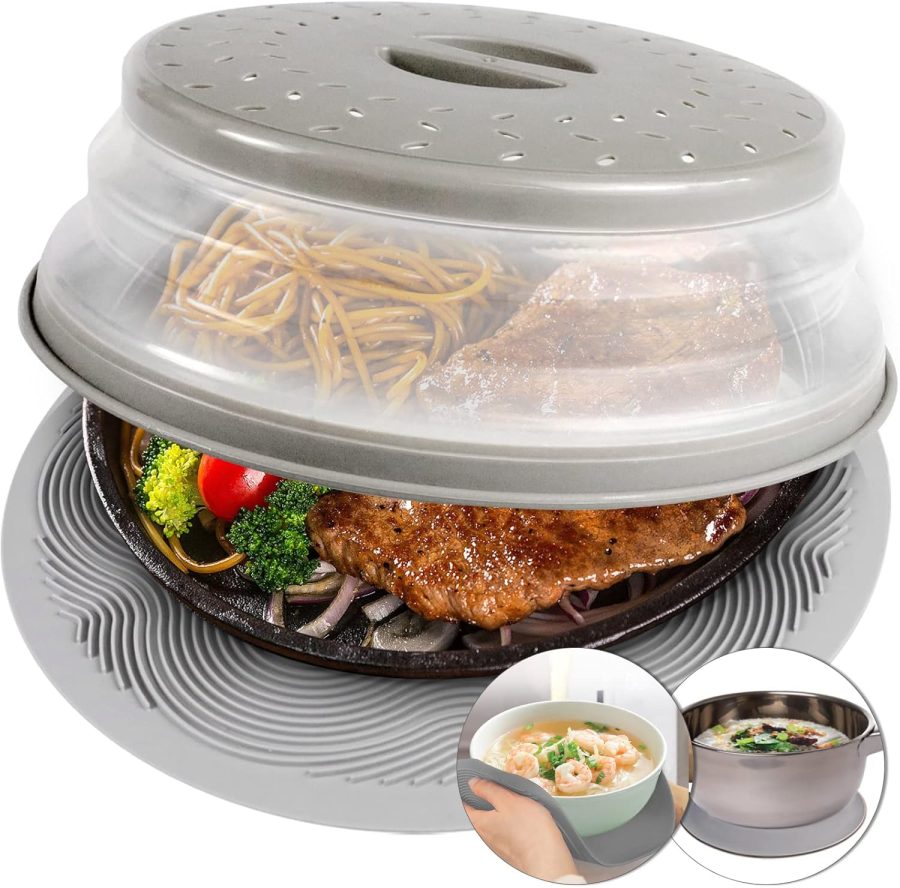 2 in 1,  Microwave Place Mat & Food Cover- Mat as Bowl Holder, for Splatter Guard, Multi-use: Silicone Trivet, Pot Holders, Drying, Baking, Utensils Rest for Kitchen Counter, Grey