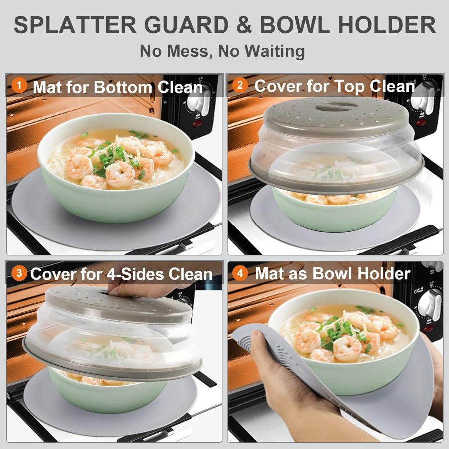 2 in 1,  Microwave Place Mat & Food Cover- Mat as Bowl Holder, for Splatter Guard, Multi-use: Silicone Trivet, Pot Holders, Drying, Baking, Utensils Rest for Kitchen Counter, Grey - Image 2