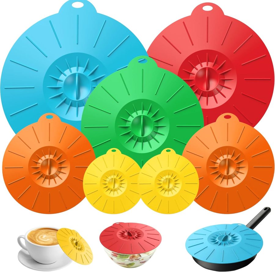 7 Pack Silicone Lids, Microwave Splatter Cover, 5 Sizes Reusable Heat Resistant Food Suction Lids fits Cups, Bowls, Plates, Pots, Pans, Skillets, Stove Top, Oven, Fridge BPA Free, Mothers Day Gifts