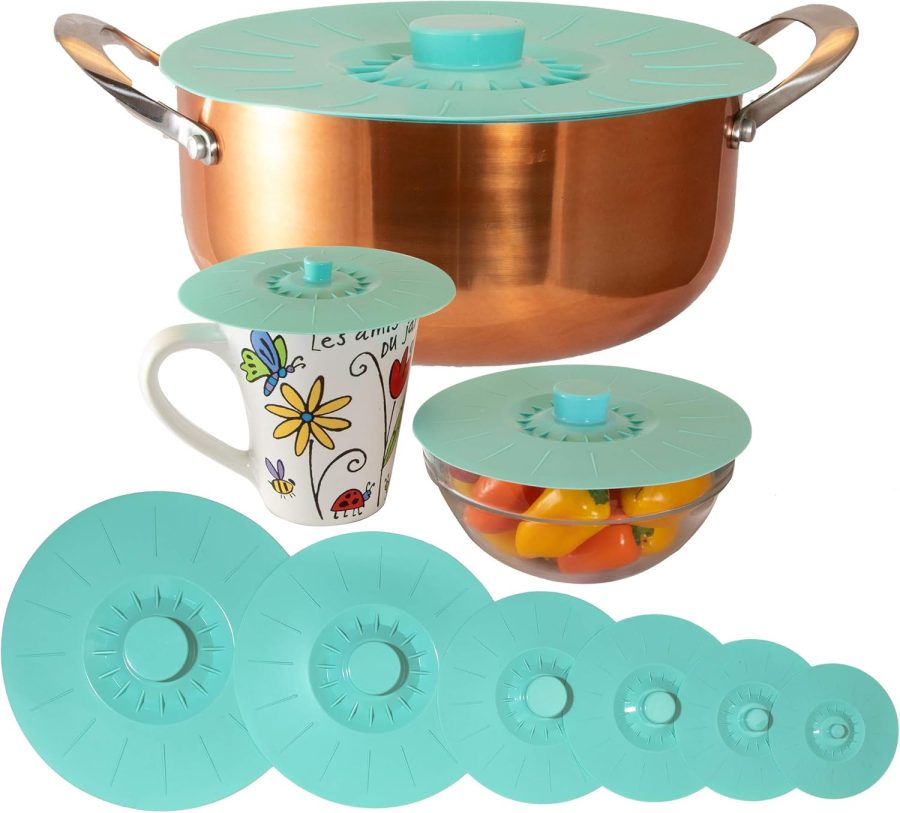 Silicone Lids Extra Large Teal Set of 6 Sturdy Suction Seal Covers. Universal fit for Pots, Fry Pans, Cups, and Bowls 5" to 12". Natural grip handles interlock for easy use and storage. Food Safe.