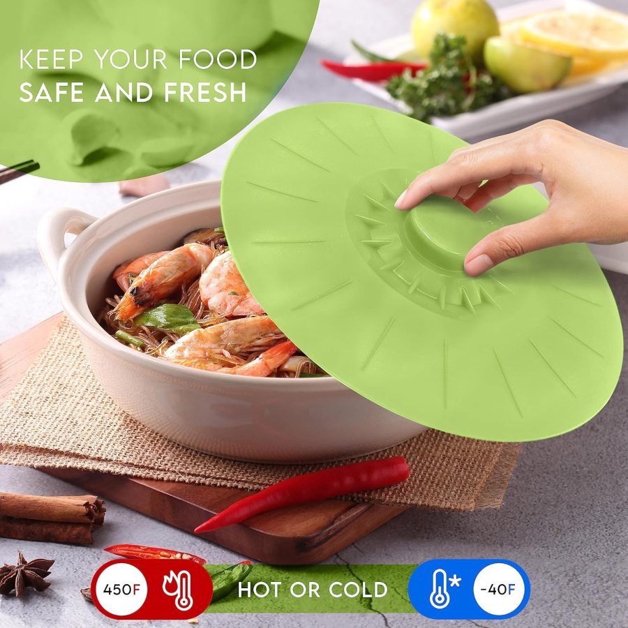 Silicone Bowl Lids Green Set of 5 Reusable Suction Seal Covers for Bowls, Pots, Cups. Food Safe. Natural grip, interlocking handles for easy use and storage. - Image 2